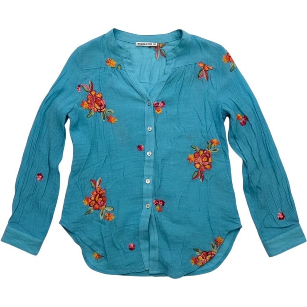 Figueroa & Flower Petite Small Teal Blue Floral Embroidered Button Down Blouse